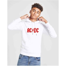 Tshirthane Acdc Logo Kırmızı Baskılı Unisex Çocuk Kapüşonlu Beyaz Sweatshirt Beyaz