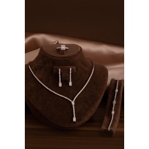 Kadın Gümüş Takı Seti - Süreyya Baget Taşlı Kare Model Kolye, Bileklik, Yüzük, Küpe Tam Set