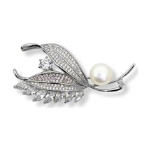 Oya Silver Taşlı İncili Çift Yaprak Gümüş Broş 2.7x5 Cm Oya-ts001
