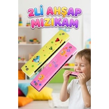 2'li Ahşap Çocuk Mızıka Seti 16 Delikli 12cm Renkli Eğitici Ahşap Oyuncak Müzik Aleti Mızıka