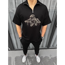 Barlashive Erkek Yarım Fermuarlı Baskılı Oversize T-shirt - Siyah Çok Renkli
