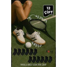 Kral Socks Unisex Siyah 12 Çift Pamuklu Tenis Spor Uzun Soket Boy Çorap Siyah