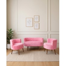 Sydney 2+1+1 Welsoft Tüylü Yumuşak Kumaş Balkon Çay Seti Koltuk Takımı - Ahşap Ayak - Pembe