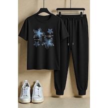 Uyguntarz Unisex Eternal Light Tasarım Baskılı Tişört - 2'li Eşofman Takımı Siyah