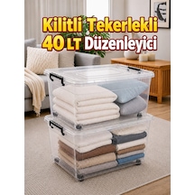 2'li Set 40 Lt Kilitli Tekerlekli Saklama Kutusu Şeffaf Düzenleyici Depolama Kutusu Çok Renkli
