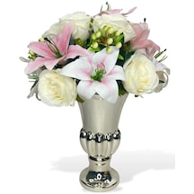 Yapay Çiçek Aranjmanı Pembe Lilyum Ve Güllü Gümüş Cam Kupa Vazoda Nişan Çiçeği İsteme Çiçeği