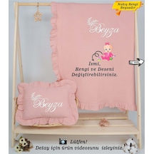 Gros Shop Pamuk 4 Katlı Müslin Fırfırlı Battaniye Takı Yastığı Kılıfı Pembe