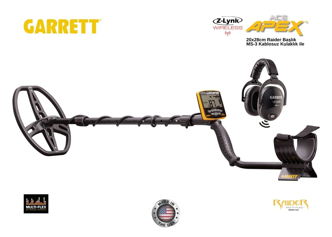 Garrett Ace Apex 8.5''X11'' DD Multi-Flex™ RAIDER Başlık ve Ms-3 Kablosuz Kulaklık İle Metal Dedektörü