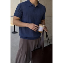 Tarz Cool Erkek Çizgili Triko Polo Yaka Tişört Slim Fit Premium Pamuklu Yazlık Polo Lacivert
