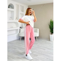 Defymoda Kadın Modal Dokulu Kumaş Yanı Şeritli Takım Pembe