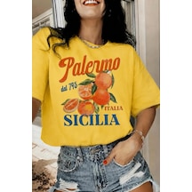 Palermo Sicilya Portakal Temalı Bisiklet Yaka Pamuklu Oversize T-shirt Sari