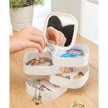 Takı Organizeri - 4 Katlı Aynalı Kare 360 Derece Dönebilen Takı Organizer Kutusu Beyaz Plastik Ekru Diğer