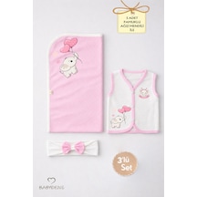 Babyden's Kız Bebek 3’lü Set Pamuklu Jakarlı Fil Baskılı Yelek ,Battaniye ,Saç Bandı 3-6 AY