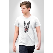 Doberman Kırmızı Dil Siyah Dik Kulak Unisex Unisex Beyaz Organik Baskılı T-shirt Penye Yüksek Kalite Beyaz