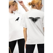 3 Gözlü Kuzgun Beyaz Oversize Unisex Ön Ve Sırt Baskılı Tişört Beyaz