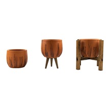 Bitki Tasarımı Ev Dekorasyon Siyah Çizgi Desenli Terakota Toprak Saksı Saksılık Salon Çiçeklik Üçlü Set 12 Cm