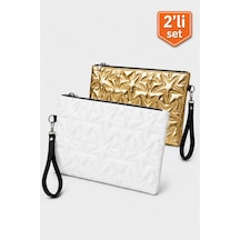 Adelina Bags 2'li Çanta Paketi Yıldız Desenli Portföy El Çantası Bilek Askılı Clutch Çanta Beyaz