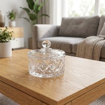 Kare Kesme Desen Kristal Kulplu Kapaklı Cam Çerezlik Şekerlik 10 10 Cm Şeffaf