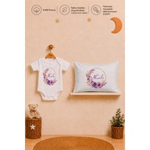 Pia Baby İsme Özel Kısa Kollu Kız Bebek Body Zıbın Ve 35x45 Cm Yastık Kılıfı %100 Pamuk Organik Baskılı Bebek Hediyesi 1076bay0x Ekru