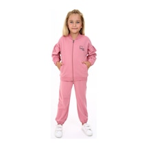 Toontoy Kids Toontoy Kız Çocuk 2'li Takım Baskılı Kolej Yaka Fermuarlı Cepli Sweatshirt & Beli Paçası Lastikli Cepli Jogger Eşofman Altı - 2 İplik Gül Kurusu