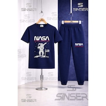 Ss Sinser Çocuk Astronot Beyz Ust Nasa Yazı Baskılı Tişort Eşofman Takımı Lacivert