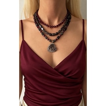 El Yapımı Granat, Jasper & Ametist Doğal Taşlı Kolye Seti Bordo