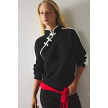 Defacto Kontrast Biyeli Asimetrik Düğmeli Sweatshirt I9640ax26aubk81 Siyah-bk81