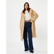 Koton Oversize Peluş Kaban Uzun Cep Detaylı Düğmeli Bej 4wak00169ew 4WAK00169EW050 Ekru