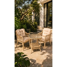 Small Raddan 1+1 Bistro Set Minderli 2 Kişilik Raddan Oturma Grubu Camlı Sehpa Bahçe Balkon Teras Set Cappuccino