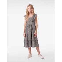 Koton Bürümcük Kumaş Midi Boy Fırfır Detaylı Çiçekli Kolsuz Elbise Siyah Desenli 6skg80037ak Bdl