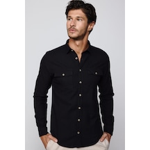Tudors Slim Fit Uzun Kol Çift Cep Pamuk Keten Spor Yaka Siyah Erkek Gömlek-28838-siyah Siyah