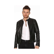 Hakiki Kuzu Derisi Fermuarlı Sportif Erkek Deri Ceket Siyah Siyah