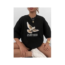 Kadın Kısa Kol Yazlık Tişört Bisiklet Yaka Güvercin Baskılı T-shirt - Siyah Diğer