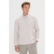 AC&Co / Altınyıldız Classics Erkek Bej Slim Fit Dar Kesim Düğmeli Yaka %100 Pamuk Oxford Gömlek Bej