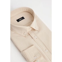 Tudors Erkek Slim Fit Dar Kesim Pamuklu Kolay Ütü Krem Düğmeli Yaka Gömlek-31588 Krem
