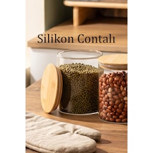 Porsima 1-3 Bambu Vakumlu Kapaklı Yuvarlak Borosilikat Cam 3lü Kavanoz Seti Saklama Kabı 750ml 10x12cm
