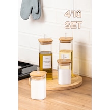 Perotti Cubes Borosilikat 4 Lü Pratik Mutfak Seti Bambu Kapak-yağlık Sosluk Sirkelik Şekerlik Şeffaf