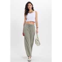 Tudors Kadın Relax Fit Rahat Kesim %100 Pamuk Beli Bağcıklı Lastikli Çift Cepli Haki Pantolon-50601