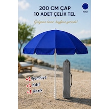 200 Çap/ 10 Çelik Tel Mavi Plaj Şemsiyesi + Kazık + Kılıf, Sahil Paketi
