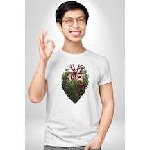 Doğanın Kalbi Yeşillikler Kalp Unisex Unisex Beyaz Organik Baskılı T-shirt Penye Yüksek Kalite Beyaz