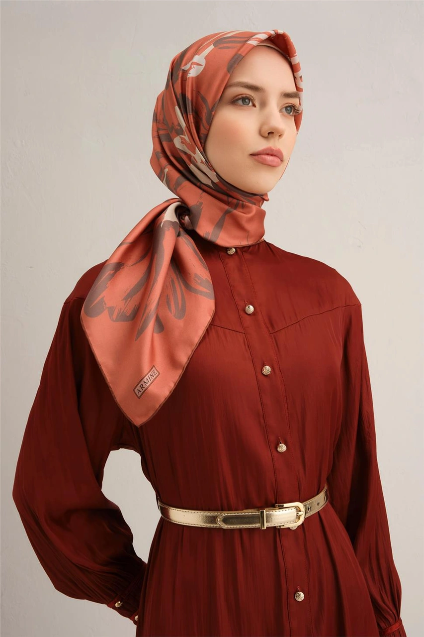 Armine Çiçek Desenli Saf İpek Sura Eşarp 9322d 55 Turuncu