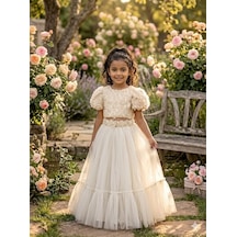 Star Kids Fashion Kız Çoçuk Ekru Gül Detaylı Crop Elbise,kız Çoçuk Mezuniyet Elbisesi