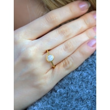 Esha Store Doğal Taş Aytaşı Yuvarlak Doğal Taşlı Altın Kaplama Ayarlanabilir Kadın Yüzük Euy53ay Beyaz