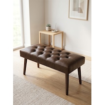 Modern Kapitoneli Acı Kahve Deri Kumaş Bench Puf Oturma Bankı Ahşap Ceviz Ayaklı Demonte 90x45 Kahverengi