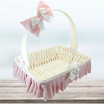 Saplı Dikdörtgen Kumaş Süslü Sepet 35 Cm Büyük Boy Pembe