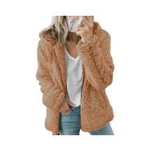 Kürklü Kapüşonlu Kabarık Peluş Kadın Mont - Kahverengi