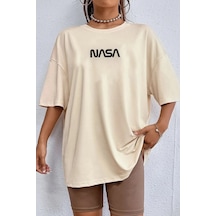 Unisex Nasa Baskılı Tasarım T-shirt Bej