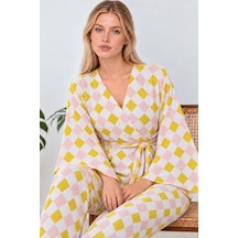 Kadın Kruvaze Kuşaklı Sarı İkili Pijama Takımı 4804
