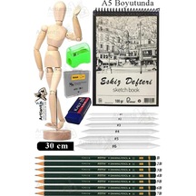 Ahşap İnsan Modeli 30 Cm A5 15x21cm Eskiz Defteri Dereceli Karakalem Seti Dağıtma Kalemi Hamur Silgi Kalemtraş