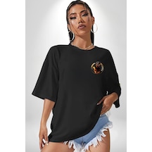Süper Tasma Rottweiler Eğitim Siyah Oversize Unisex Ön Sol Yan Minimal Baskılı Tişört Koyu Siyah
